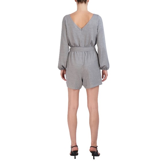 NWT BCBG Paris Women's Sparkly Silver Tied Waist Romper with Split Sleeves XL - Picture 2 of 4